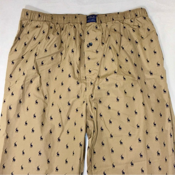 Polo Ralph Lauren Mens Pajama Pants Medium Khaki With Blue Pony Print Pockets - Picture 1 of 8